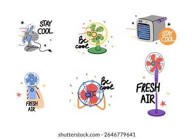 Ventilador elétrico. Hélice rotativa de mesa de ventilação, controle de ar frio, controle climático em casa. Equipamento de soprador moderno e vintage. Desenho de rabiscar. Cartaz isolado plano de desenhos animados vetoriais, impressão