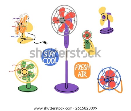 Electric fan. Ventilator table rotating propeller, cool air control, climate control in home. Modern and vintage blower rotating propeller. Doodle drawing. Vector cartoon flat isolated illustration