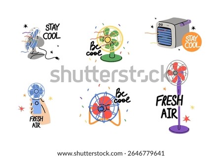 Electric fan. Ventilator table rotating propeller, cool air control, climate control in home. Modern and vintage blower equipment. Doodle drawing. Vector cartoon flat isolated poster, print