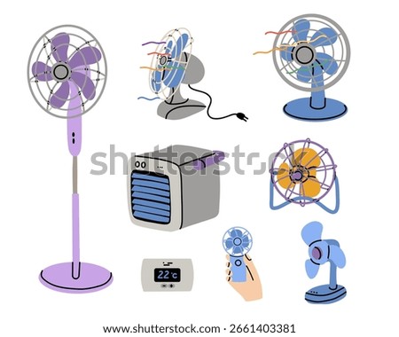 Electric fan. Ventilator table rotating propeller, cool air control, climate control in home. Modern and vintage blower rotating propeller. Doodle drawing. Vector cartoon flat isolated illustration