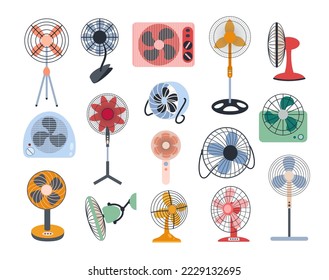 Electric fans. Air circulation climate equipment, cooling fan types for hot weather cartoon vector set. Different tools for home and office standing on floor, table and hanging on wall