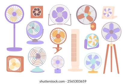 Electric fans. Isolated cartoon plastic fan for cooling temperature indoors. Ventilators, climate equipment for office home stores, racy vector set