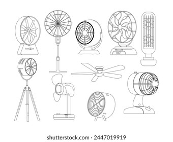 Elektrische Lüfter isoliert monochrome lineare Icons Vektorgrafik Set. Ventilatoren zirkulieren Luft mit rotierenden Schaufeln