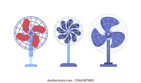 Equipo de ventiladores eléctricos. Sistema de refrigeración para el hogar y la computadora. Artículos para la temporada de calor y verano. Etiquetas para redes sociales. Colección vectorial plana de dibujos animados aislada en fondo blanco