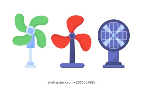 Electric fans set. Cooling system for home and computer. Green and red table fans for hot weather. Template, layout and mock up. Cartoon flat vector collection isolated on white background