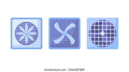 Electric fans set. Cooling system for home and computer. Interior and decor for home or house. Poster or banner for website. Cartoon flat vector collection isolated on white background