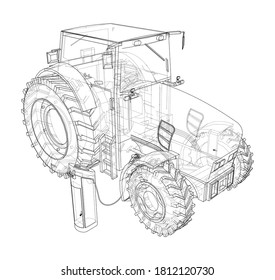 Electric Farm Tractor Charging Station Sketch. Vector rendering of 3d. Wire-frame style. The layers of visible and invisible lines are separated