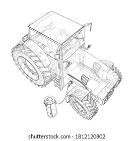 Electric Farm Tractor Charging Station Sketch. Vector rendering of 3d. Wire-frame style. The layers of visible and invisible lines are separated