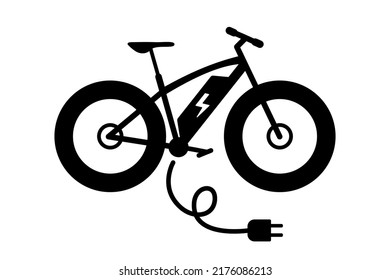 Electric fat bike icon. E-bike with charger plug.