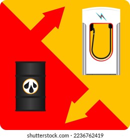 electric filling station and black oil barrels against the background of a yellow-red square with multidirectional arrows