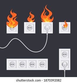 Concepto de incendio eléctrico. Llama de los enchufes de tipo C y F. Ilustración vectorial en estilo plano.