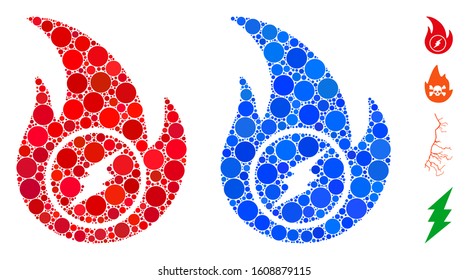 Electric flame mosaic of filled circles in variable sizes and color tones, based on electric flame icon. Vector random circles are grouped into blue mosaic.