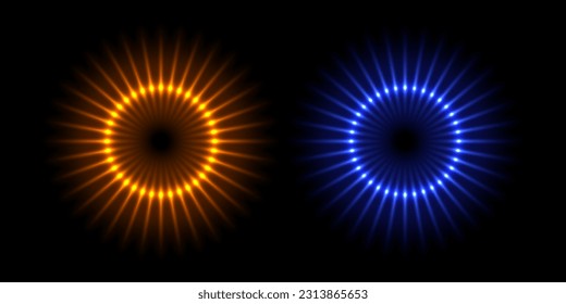 Electric flash circles set vector illustration. Abstract burst of round shape with bright red and blue neon rays, rings with radial geometric beams of energy and explosion, magic portal in space