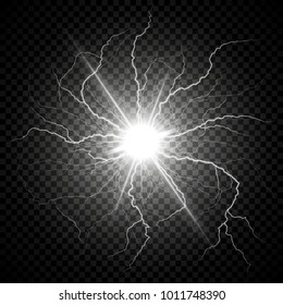 Flash eléctrico de luz sobre un fondo oscuro y transparente. Rayos de círculo vectorial