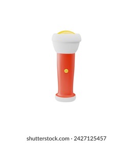 Electric flashlight with button 3D icon. Portable tourist lighting device. Wireless torch red flashlight, hiking light source. Travel or camping equipment. Vector render illustration isolated on white
