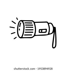 Electric flashlight or torch icon in doodle style isolated on white background. Vector outline illustration. Design for prints, poster, trip, card