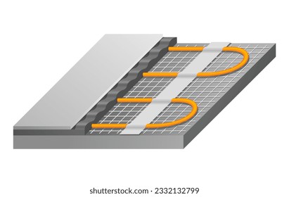 Electric floor heating system - isometric scheme of installation under ceramic tiles. Isolated vector diagram