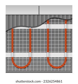 Sistema eléctrico de calefacción de suelos - sistema de instalación de azulejos de cerámica. Diagrama vectorial aislado en la vista superior