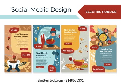 Electric fondue promotion at template story set. Chocolate fondue pot with temperature control advertising at social media banner collection. Perfect for cheese, sauces and more, vector illustration