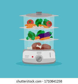 Electric food steamer full of vegetables and meat on blue background. Double boiler, flat design. Kitchen steamcooker.