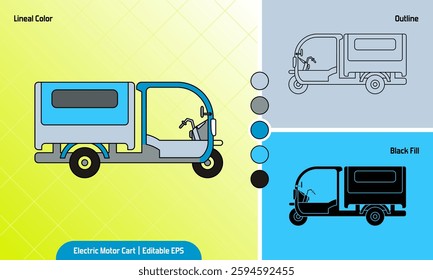 Electric Food Truck Cargo tricycle. Electric Motor Cart. Three wheeler bike cargo vehicle for food and vegetable seller. Side view icon vector illustration set. Lineal color, outline, and black fill.