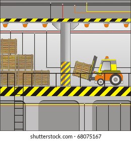 electric forklift in an industrial zone with a wooden boxes	 	 	 	 	 	 	