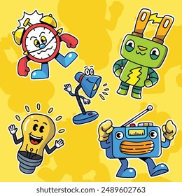 "Electric Friends Stuffs" perfect for stickers, merchandise, mascots, clothing embroidery, and apparel designs. This pack offers high-quality, eye-catching characters, easy to use and scalable.