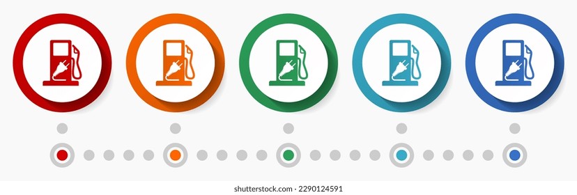 Electric fuel concept vector icon set, flat design colorful buttons, infographic template in 5 color options