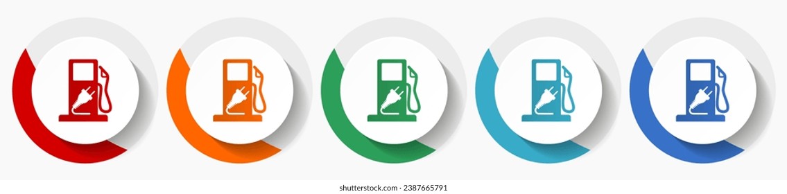 Electric fuel, electricity vector icon set, flat design colorful round icons in 5 color options for webdesign and mobile applications