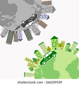 Electric and fuel engine cars riding on the Earth surface. Vector illustration eps8 format.