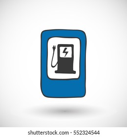 Electric fuel pump icon. Hand-drawn cartoon recharging station sign with round shadow. Vector illustration.