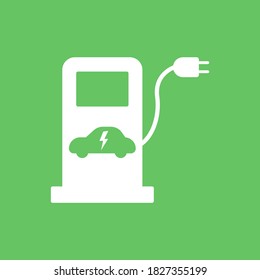 Electric fuel pump station icon. Green charging point for hybrid vehicles cars sign symbol isolated