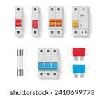 Electric fuse switch buttons components electrical protection set realistic vector illustration. Electricity control panel energy circuit system voltage automatic technology industrial power breaker