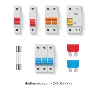 Electric fuse switch buttons components electrical protection set realistic vector illustration. Electricity control panel energy circuit system voltage automatic technology industrial power breaker svg