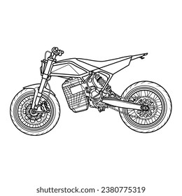 Electric futuristic dirt bike concept. Electric Bike hand drawn sketch, suitable for your custom electric motorcycle, outline vector illustration, side view, isolated with white background