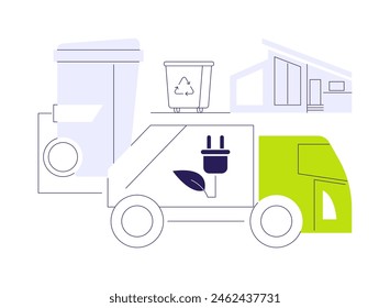 Ilustración vectorial de concepto abstracto de camión de basura eléctrico. Camión de basura eléctrico en la calle, medio ambiente ecológico, transporte industrial sostenible, metáfora abstracta de vehículo moderno.