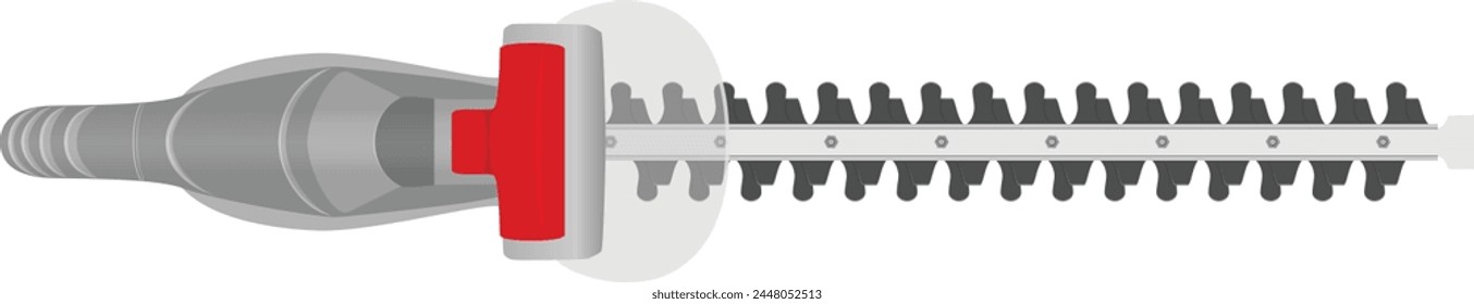 Recortador de setos de jardín eléctrico con mango de plástico, escudo de protección transparente y hoja larga con dientes de metal vista superior aislados en Ilustración vectorial blanca