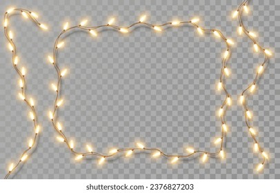 Electric garlands with yellow light bulbs. Christmas lights isolated on transparent background. Holiday decorations with glowing lights for Christmas, New Year, party, event. Vector illustration