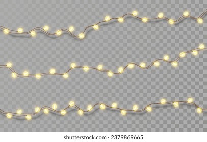 Electric garlands with yellow light bulbs. Christmas lights isolated on transparent background. Holiday decorations with glowing lights for Christmas, New Year, party, event. Vector illustration