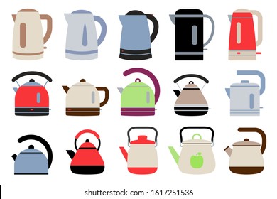 Electric and gas kettles. Flat style teapots. Cookware big collection. Metal and plastic samples. Color illustration set. Vector icons. Mockup