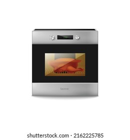 Electric or gas oven with baking turkey inside behind closed door, realistic template vector illustration isolated on white background. Baking food in multifunction stove.