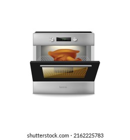 Electric or gas oven or stove with open door and baked turkey inside, realistic template vector illustration isolated on white background. Stove or oven mockup.