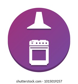 Electric or gas stove and extractor kitchen hood sign. Vector. White icon with flat shadow on purpureus circle at white background. Isolated.