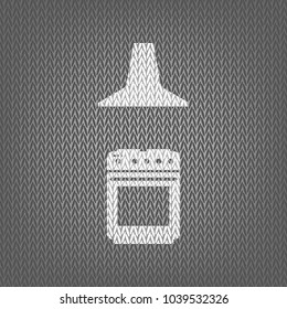 Electric or gas stove and extractor kitchen hood sign. Vector. White knitted icon on gray knitted background. Isolated.