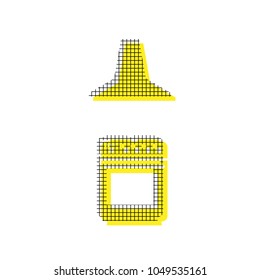 Electric or gas stove and extractor kitchen hood sign. Vector. Yellow icon with square pattern duplicate at white background. Isolated.