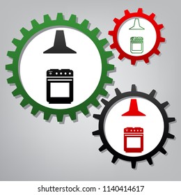 Electric or gas stove and extractor kitchen hood sign. Vector. Three connected gears with icons at grayish background.