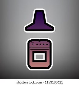 Electric or gas stove and extractor kitchen hood sign. Vector. Violet gradient icon with black and white linear edges at gray background.