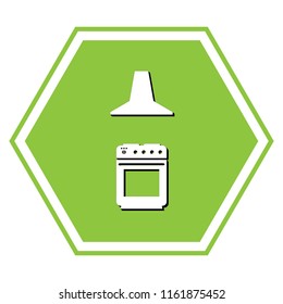 Electric or gas stove and extractor kitchen hood sign. Vector. White icon with black shadow at yellow green honeycomb on white background.