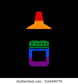 Electric or gas stove and extractor kitchen hood sign. Vector. Icon with colors of LGBT flag at black background.