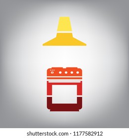 Electric or gas stove and extractor kitchen hood sign. Vector. Horizontally sliced icon with colors from sunny gradient in gray background.